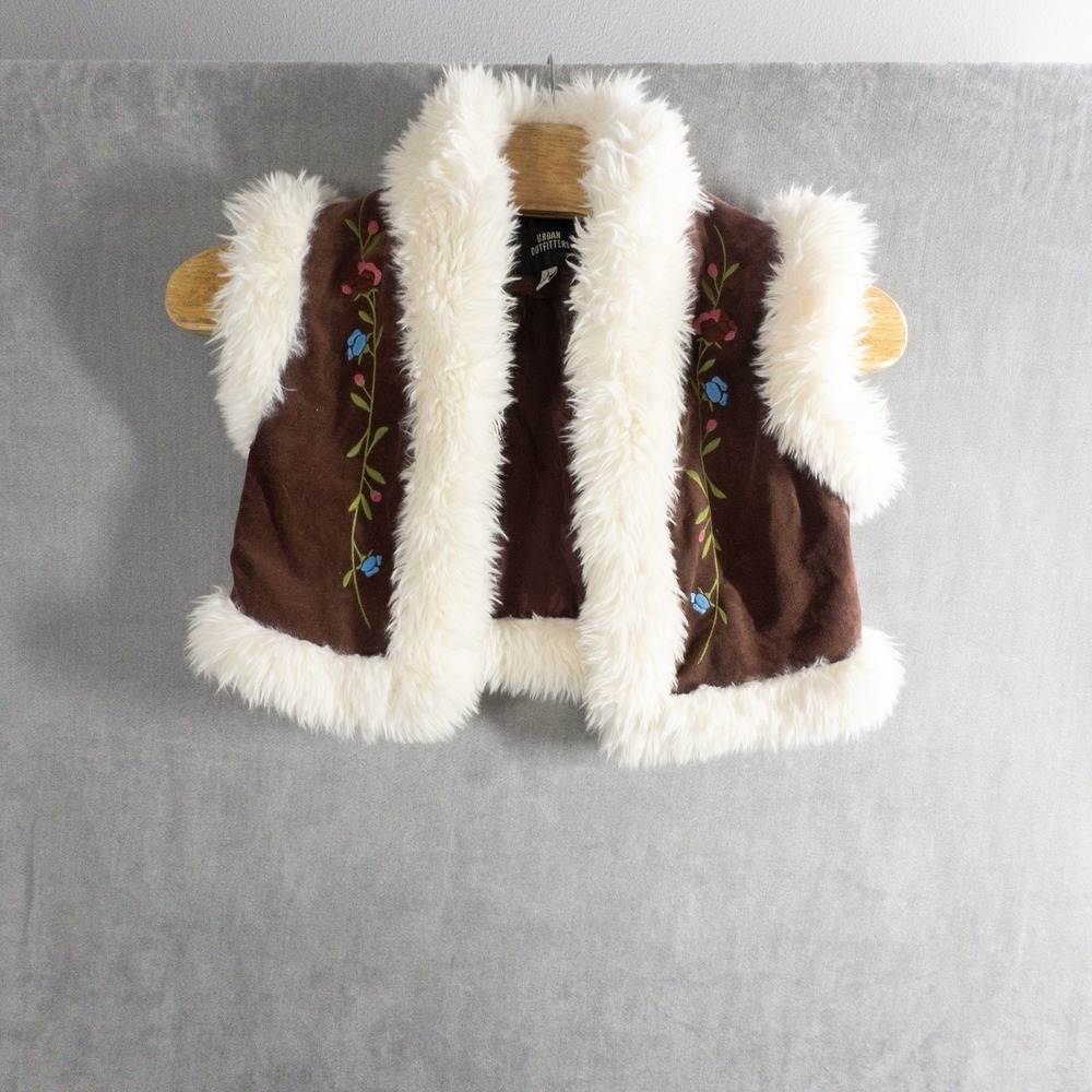 Urban Outfitters Carver Vest Large Brown Fur Trim Embroidered Floral Fairy Boho